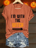 Im With The Witch Halloween V-Neck T-Shirt Witch Merch Cool Spooky Season Gift - Merchluma