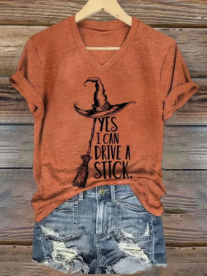Yes I Can Drive A Stick Witch Hat V-Neck T-Shirt Witch Merch Awesome Dark Magic Presents - Merchluma