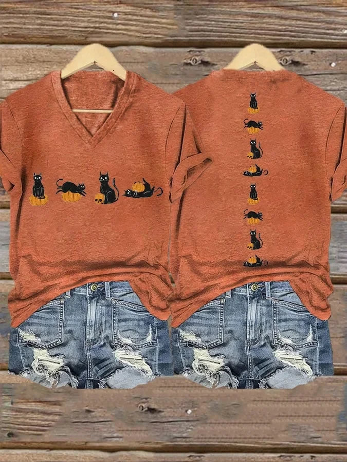 Spooky Cats And Pumpkins Autumn V-Neck Shirt Halloween Merch Vintage Ghost Story Gift - Merchluma