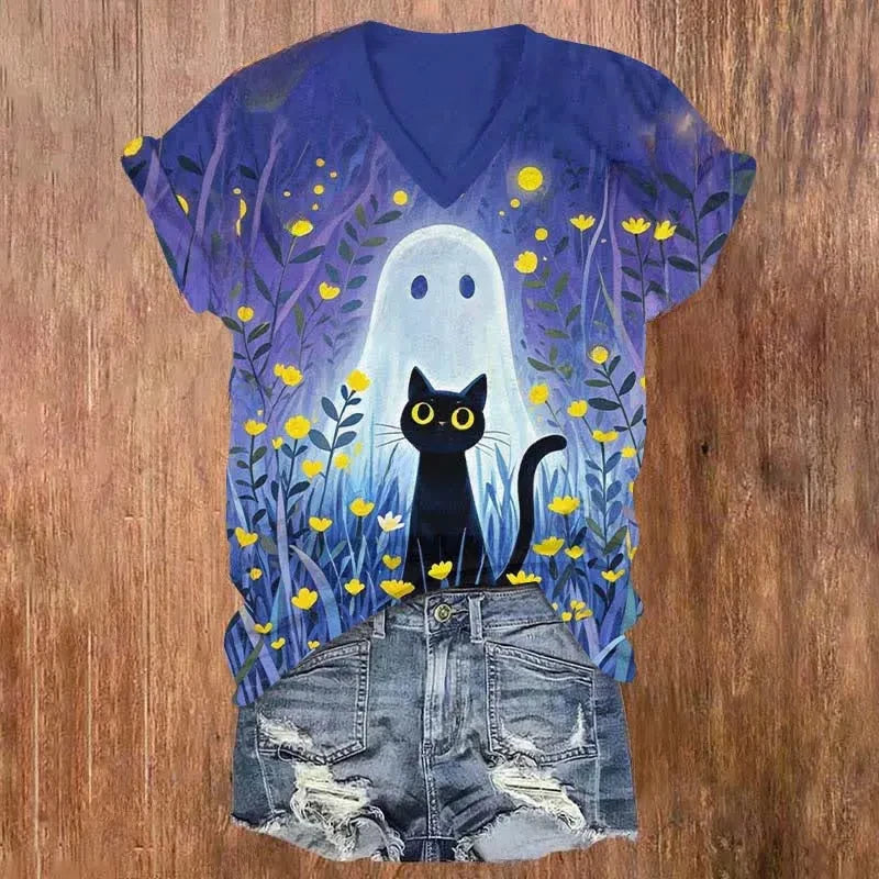 Halloween Cat Ghost V-Neck T-Shirt Surrounded By Yellow Flowers Shirt Present Ideas - Merchluma