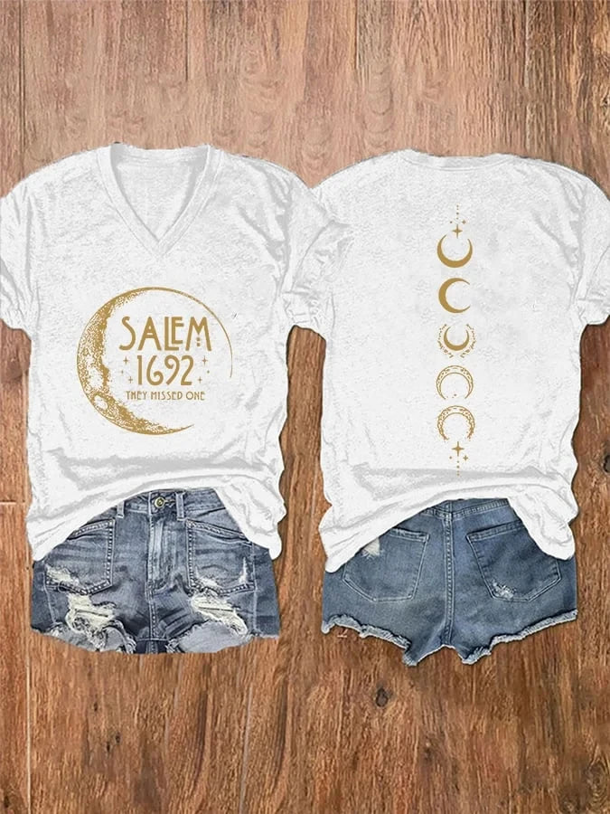 Salem 1692 They Missed One Moon V-Neck T-Shirt Witch Merch Unique Gothic Fan Presents - Merchluma