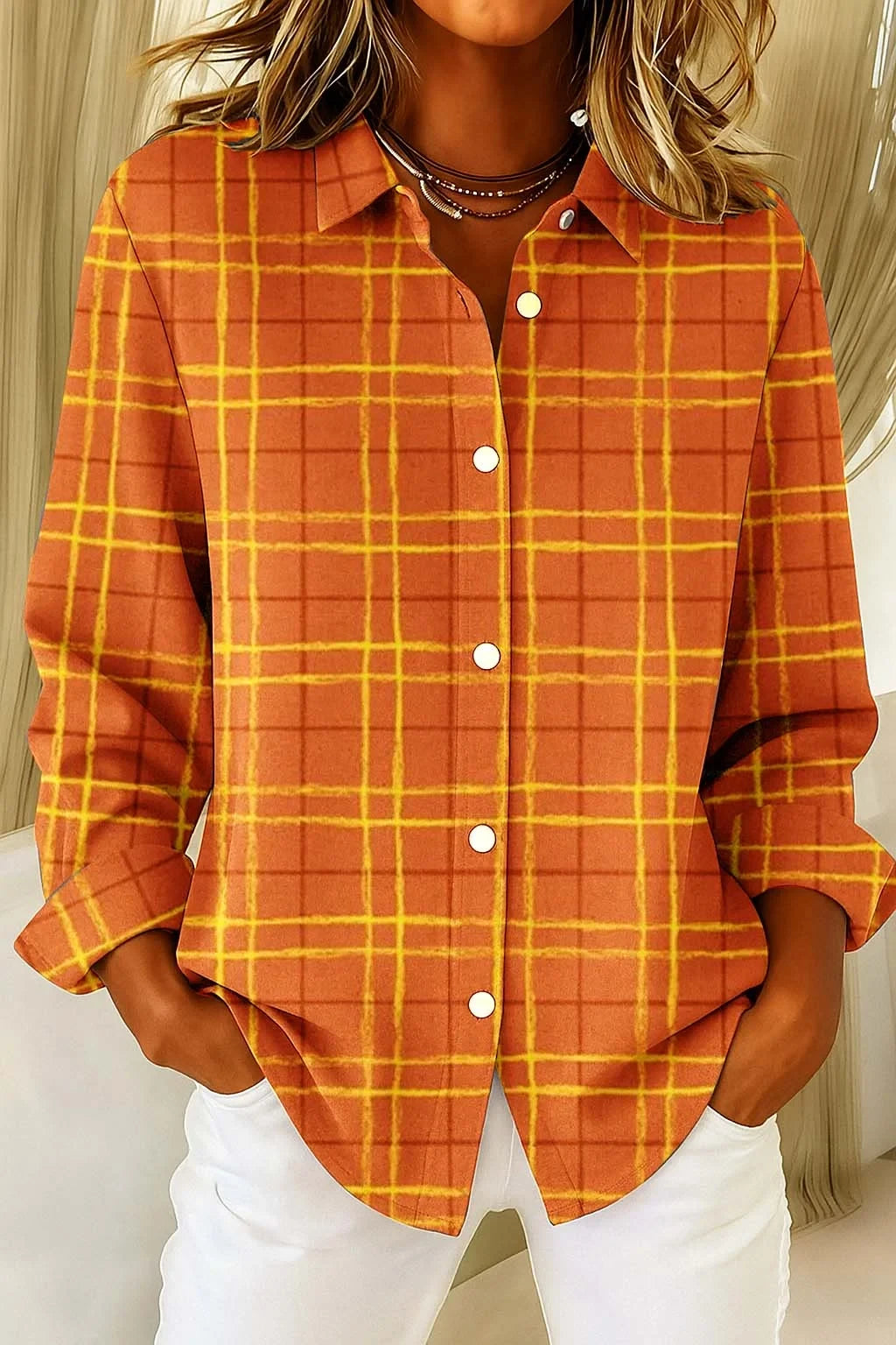 Funny Orange Grid Button Up Long Sleeve Shirt Halloween Clothing Unique Gifts For Her - Merchluma