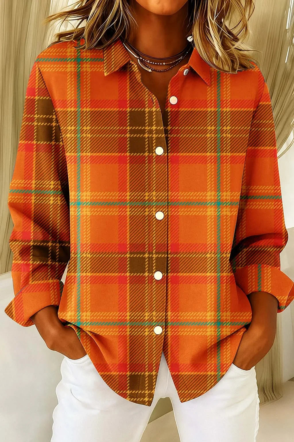 Halloween Orange Grid Button Up Long Sleeve Shirt Womens Halloween Apparel Useful Gift For Her - Merchluma