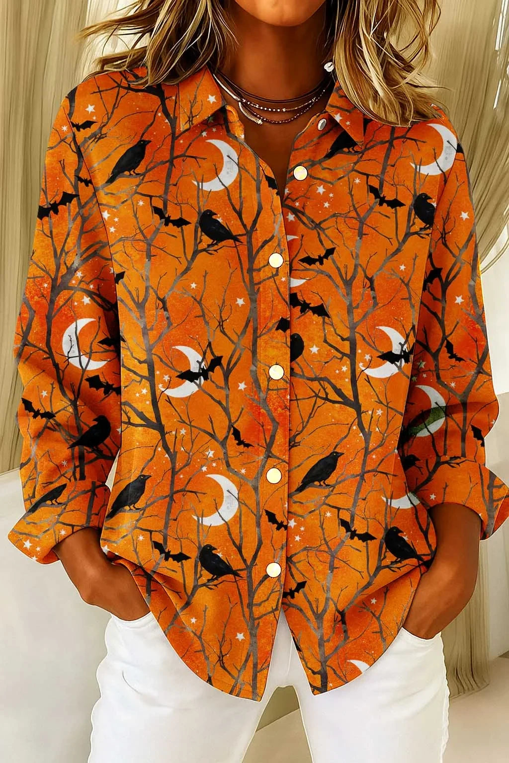 Women's Halloween Button-Up Long Sleeve Shirt Hilarious Halloween Shirts Good Gifts For Her - Merchluma