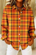 Womens Vintage Orange Yellow Grid Button Up Long Sleeve Shirt Halloween Merch Gift For Her Fans - Merchluma
