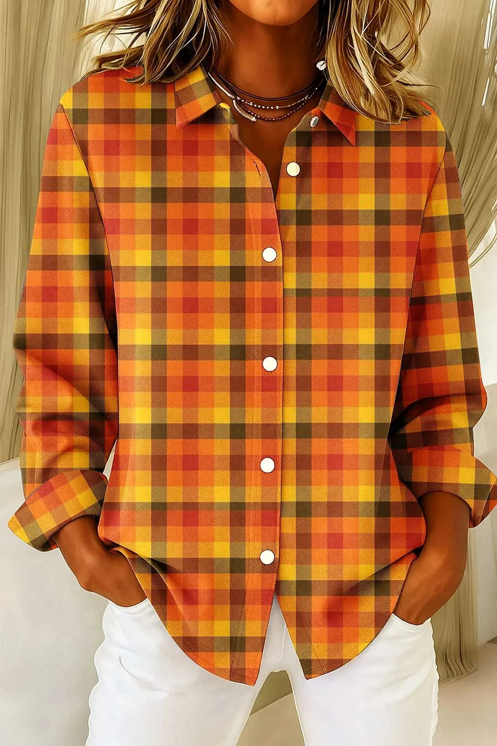 Womens Vintage Orange Yellow Grid Button Up Long Sleeve Shirt Halloween Merch Gift For Her Fans - Merchluma