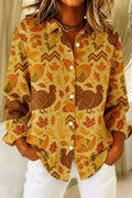 Womens Thanksgiving Retro Turkey Button Up Long Sleeve Shirt Halloween Clothing Gift Ideas - Merchluma