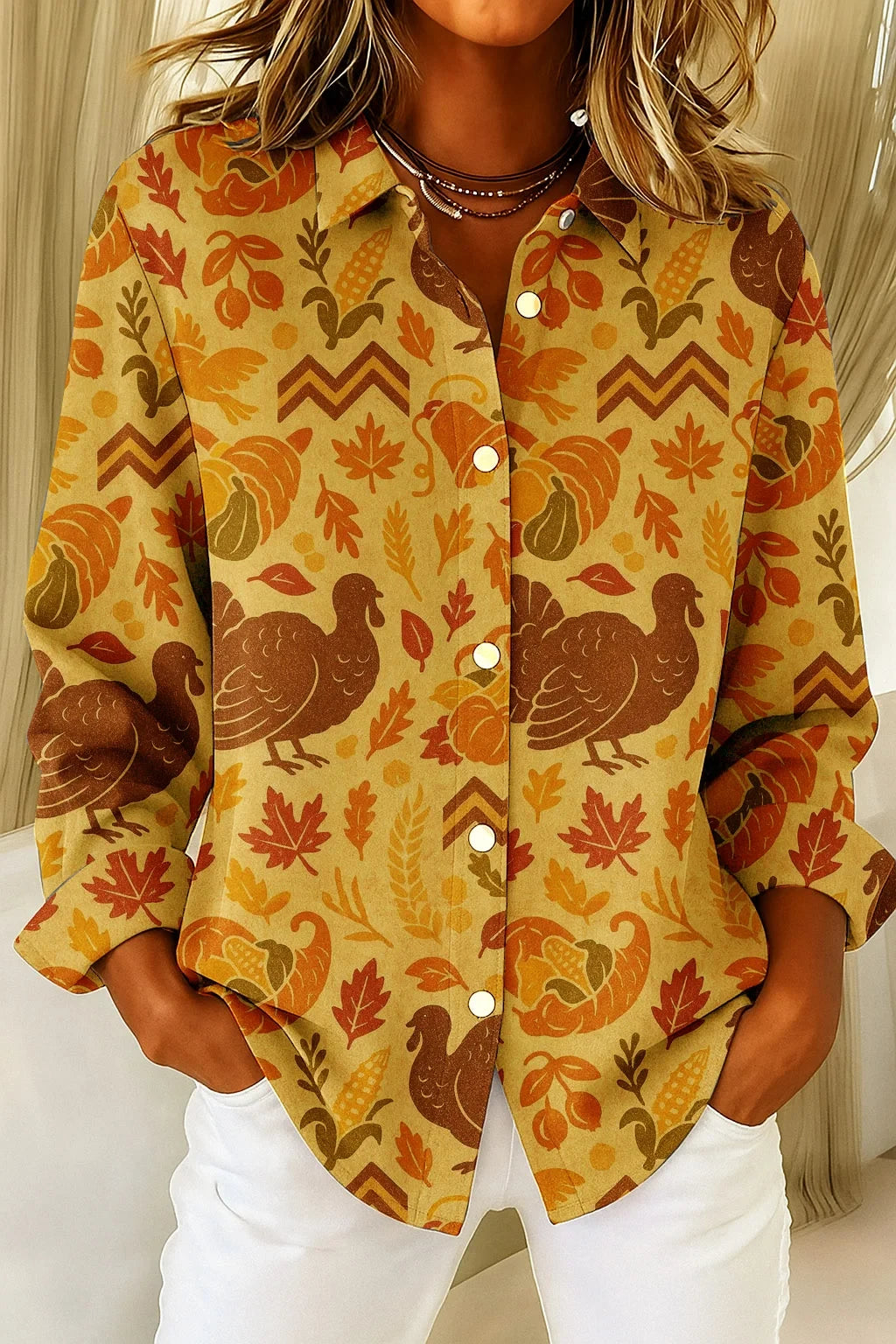 Womens Thanksgiving Retro Turkey Button Up Long Sleeve Shirt Halloween Clothing Gift Ideas - Merchluma