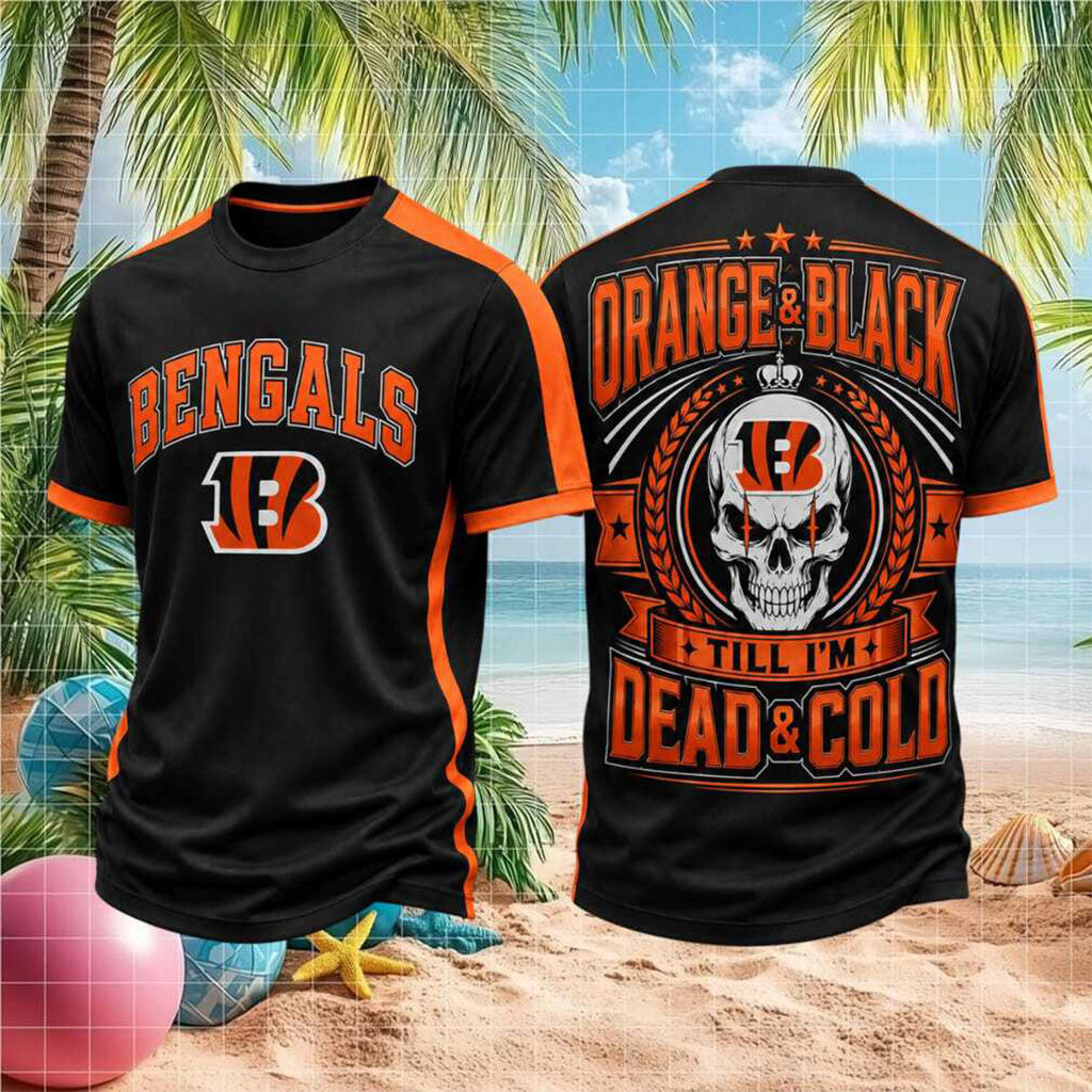 Cincinnati Football Skull Orange And Black Till Im Dead And Cold Shirt Cincinnati Bengals Merch - Merchluma