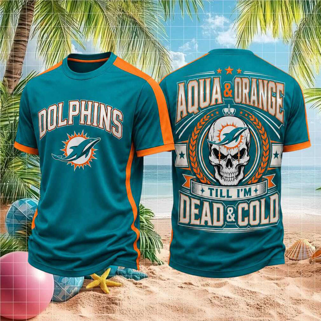 Miami Football Skull Aqua And Orange Till I'm Dead And Cold Shirt Miami Dolphins Merch Fan Gift - Merchluma