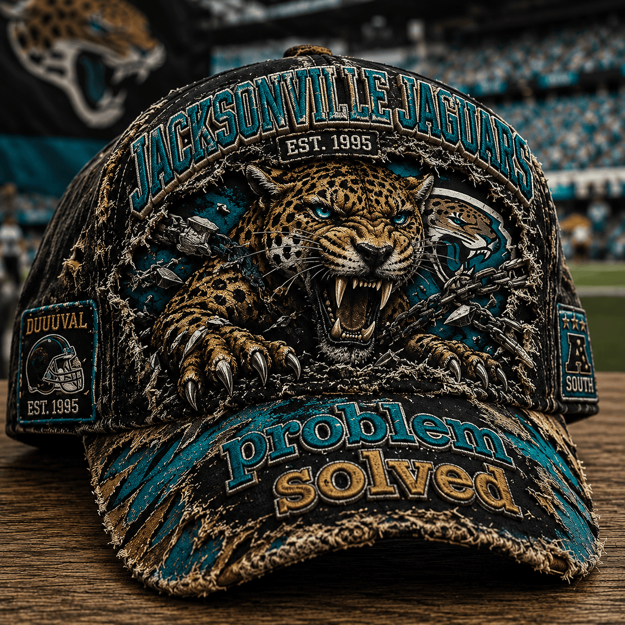Jacksonville Jaguars Merch 2026 Problem Solved Distressed Hat Duuuval Hat Football Fan Gear - Merchluma