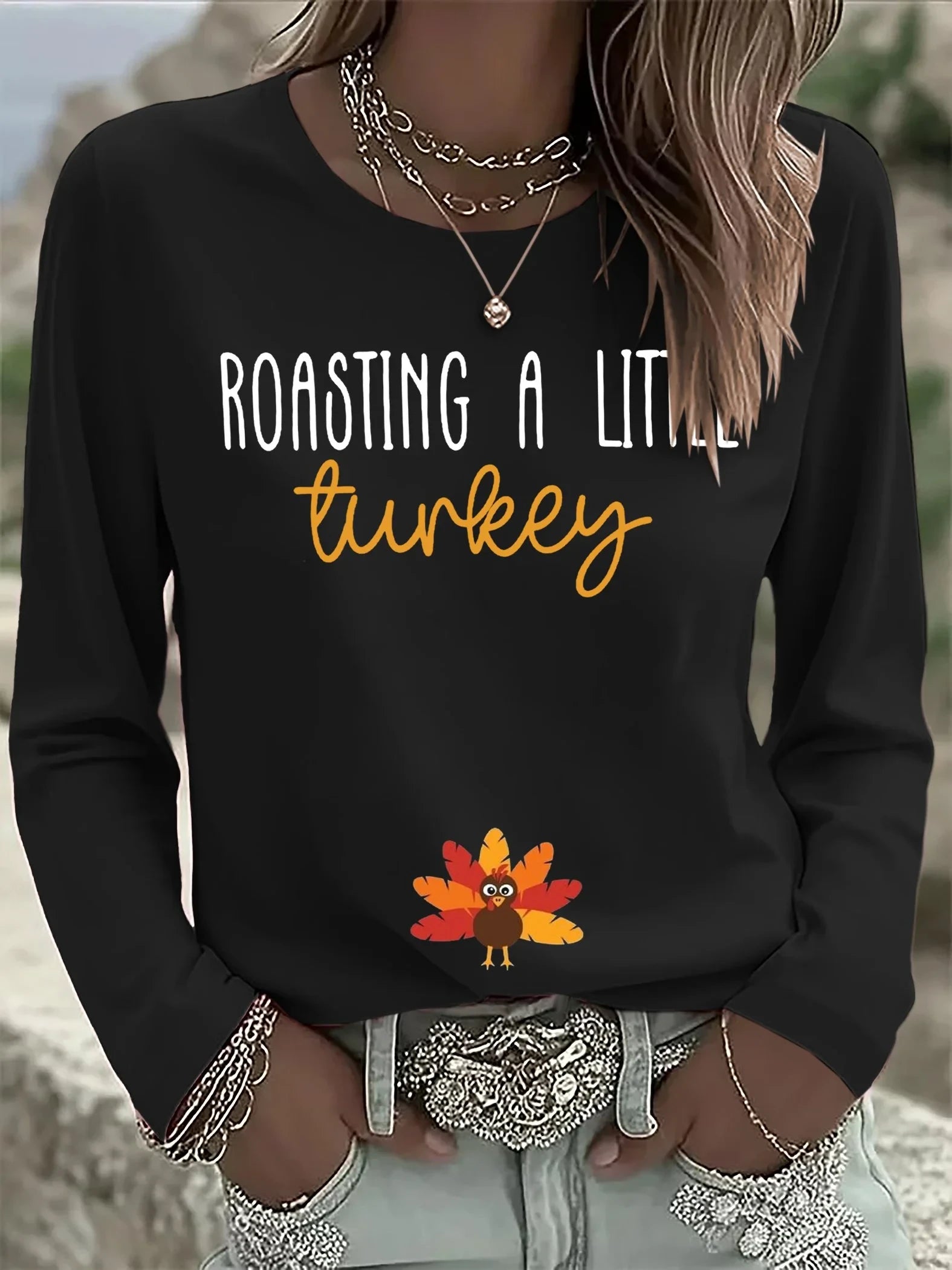 Women's Retro Roasting A Little Turkey Long Sleeve Shirt Ladies Halloween Clothes Gifts For Her - Merchluma