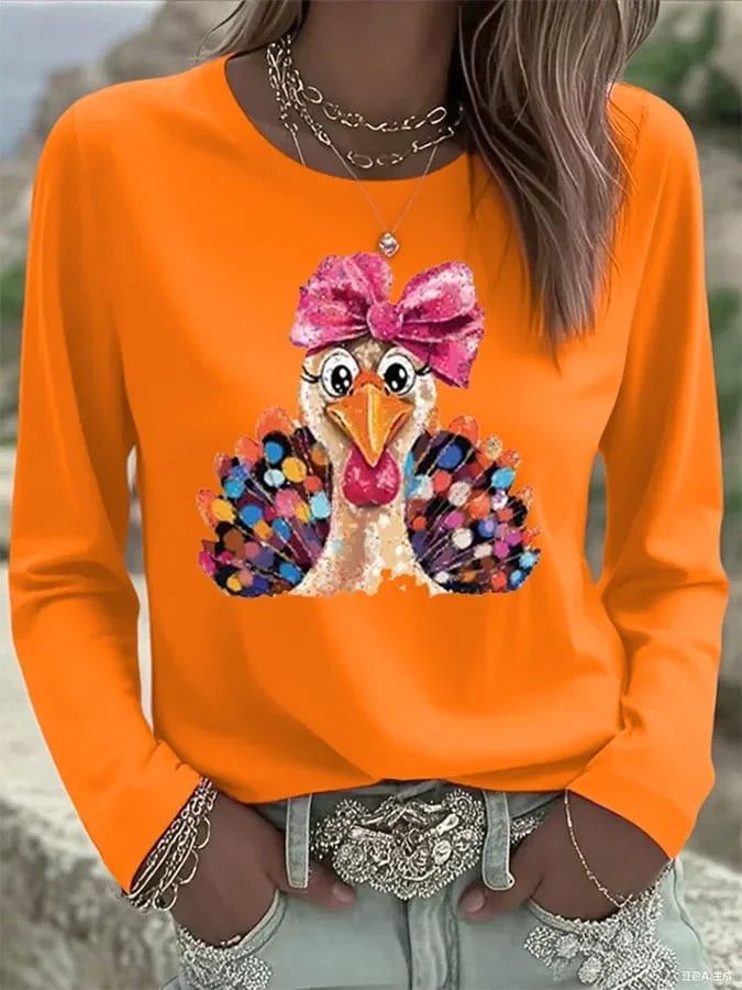 Cute Turkey With Bow Thanksgiving Long Sleeve Shirt Thanksgiving Merch Meaningful Gifts - Merchluma