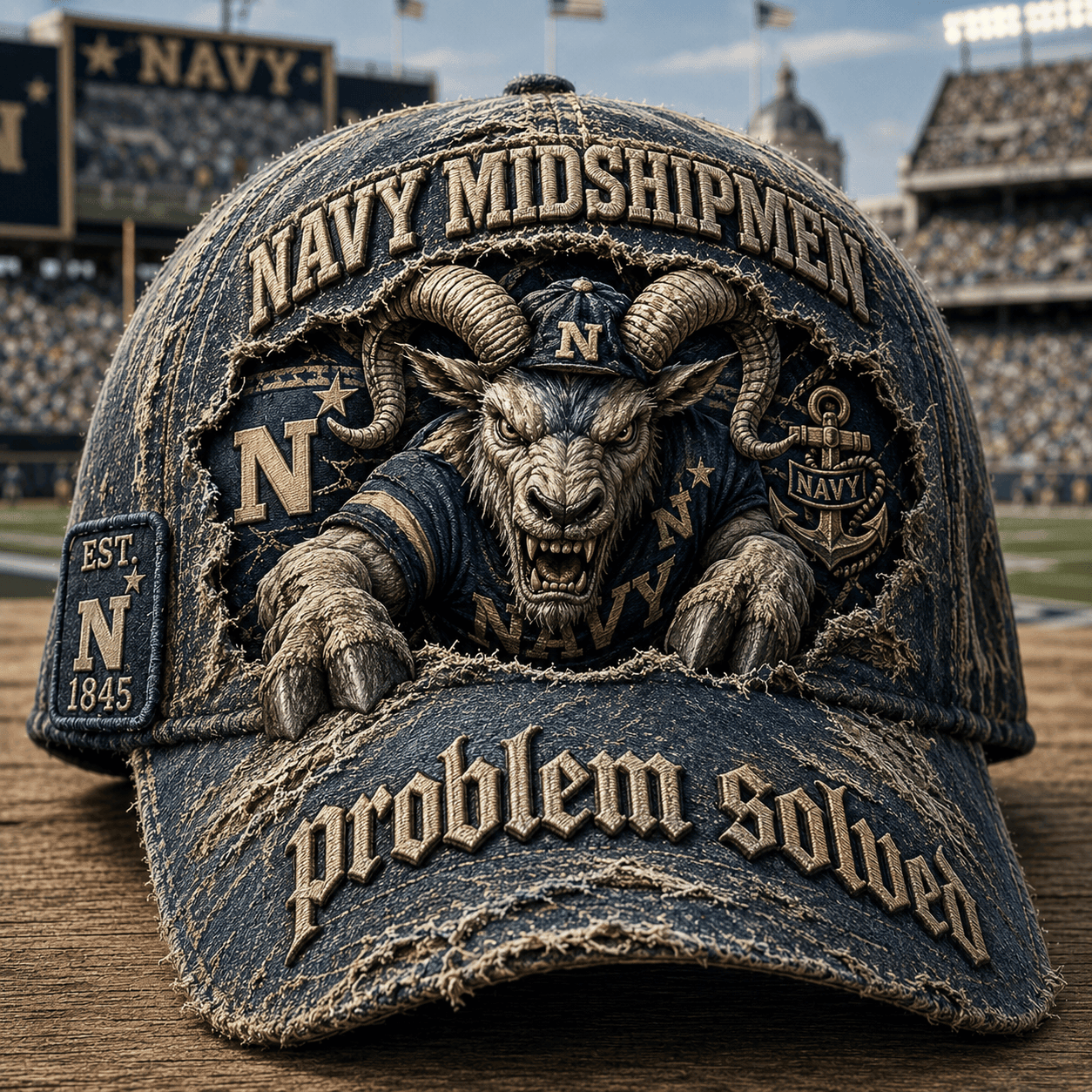 Navy Midshipmen 2026 Problem Solved Hat Navy Goat Mascot Hat Gifts For Sports Lovers - Merchluma