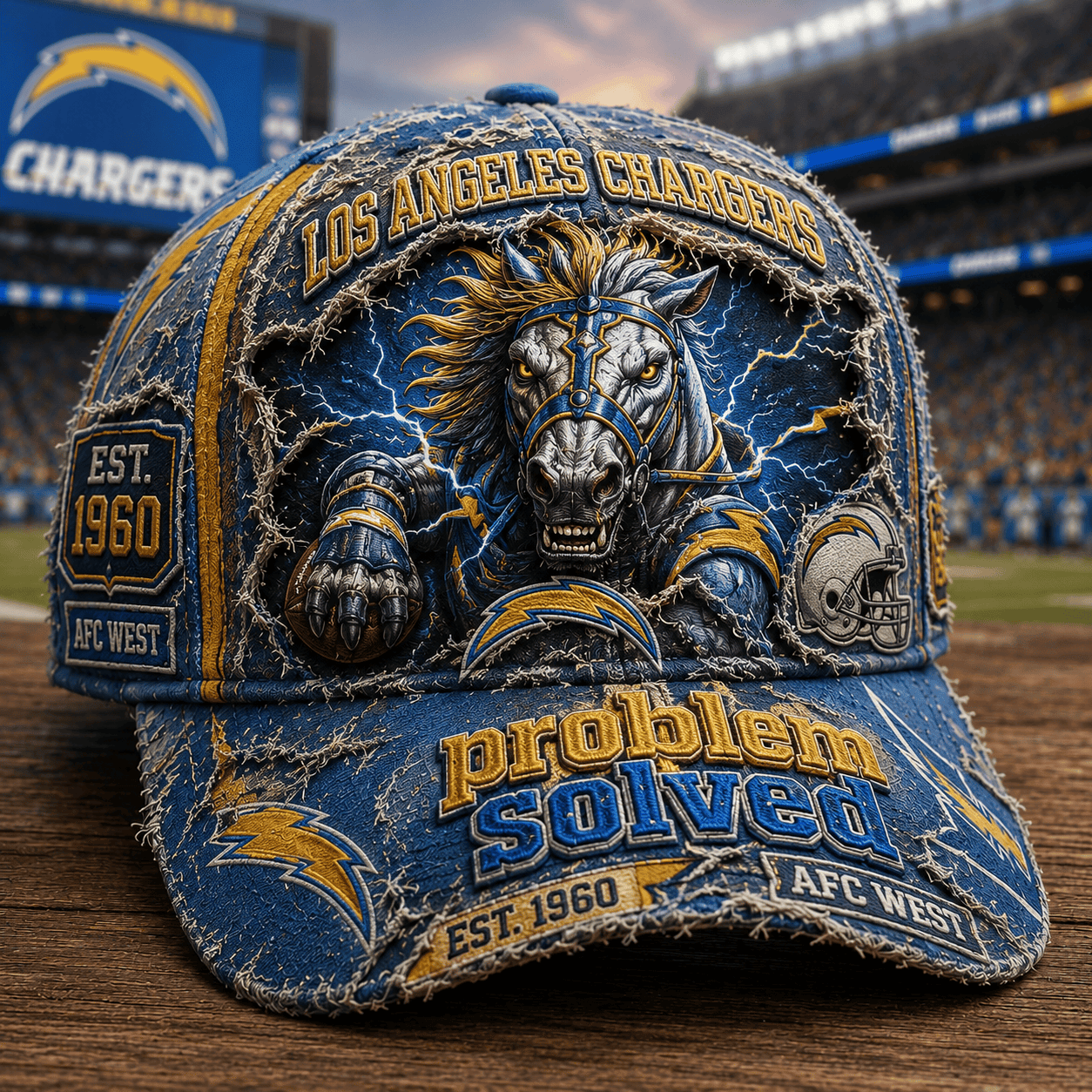 Los Angeles Chargers Merch 2026 Problem Solved Distressed Hat AFC West Hat Gift for Fans - Merchluma