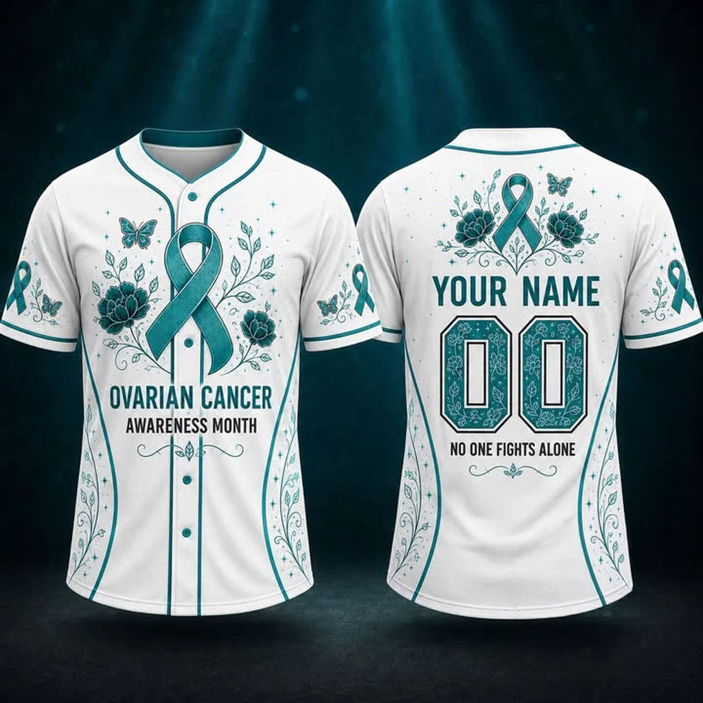 Personalized Ovarian Cancer Awareness Teal Ribbon Jersey No One Fights Alone Jersey Gifts - Merchluma