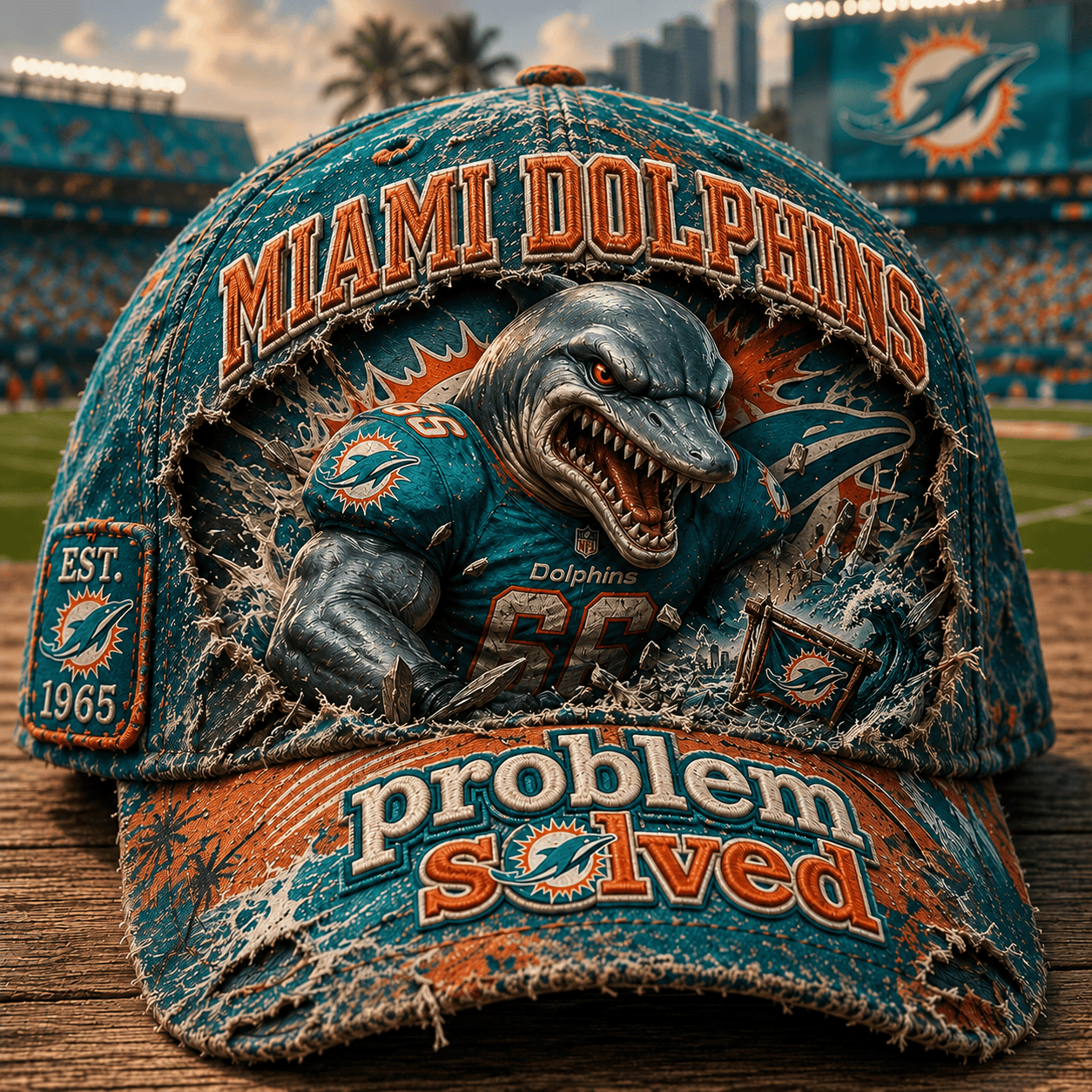 Miami Dolphins Merch 2026 Problem Solved Distressed Hat Game Day Cap Gifts For Football Fans - Merchluma