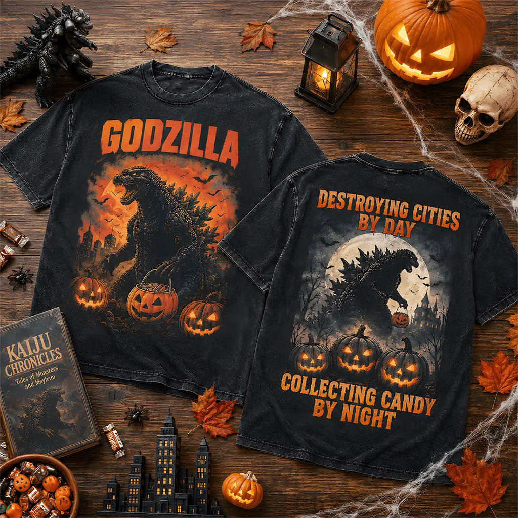 Godzilla Halloween 2026 Horror Themed T-Shirt Destroying Cities By Day Collecting Candy Bi Night - Merchluma