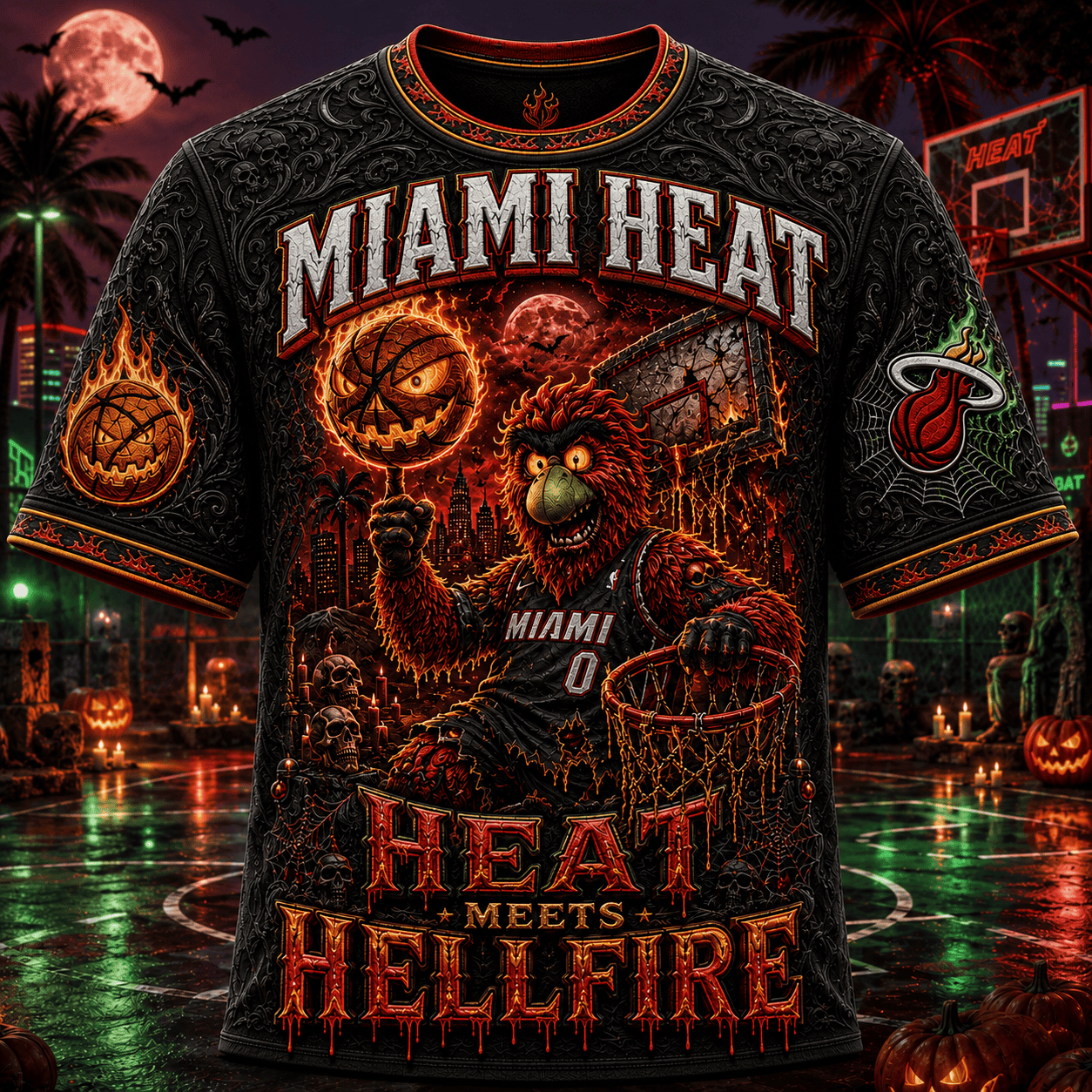 Miami Heat X Halloween Merch Heat Mets Hellfire T-Shirt Present For Basketball Fans - Merchluma
