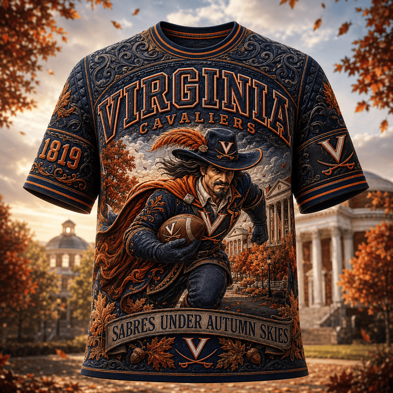 Virginia Cavaliers Merch 2026 Sabres Under Autumn Skies T-Shirt Gifts For Football Lovers - Merchluma