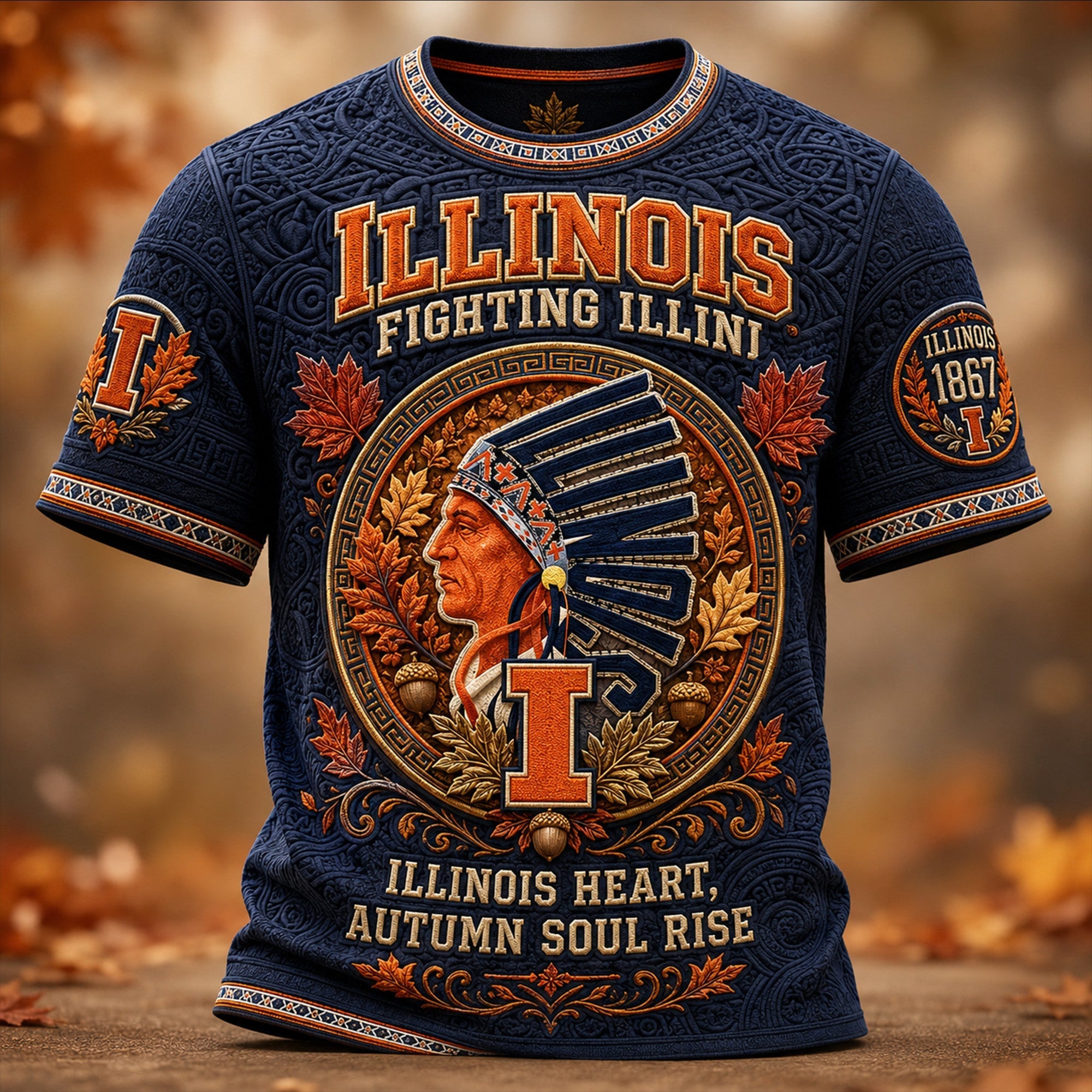 Illinois Fighting Illini Merch Illinois Heart Autumn Soul Rise T-Shirt Gift For Sports Fans - Merchluma