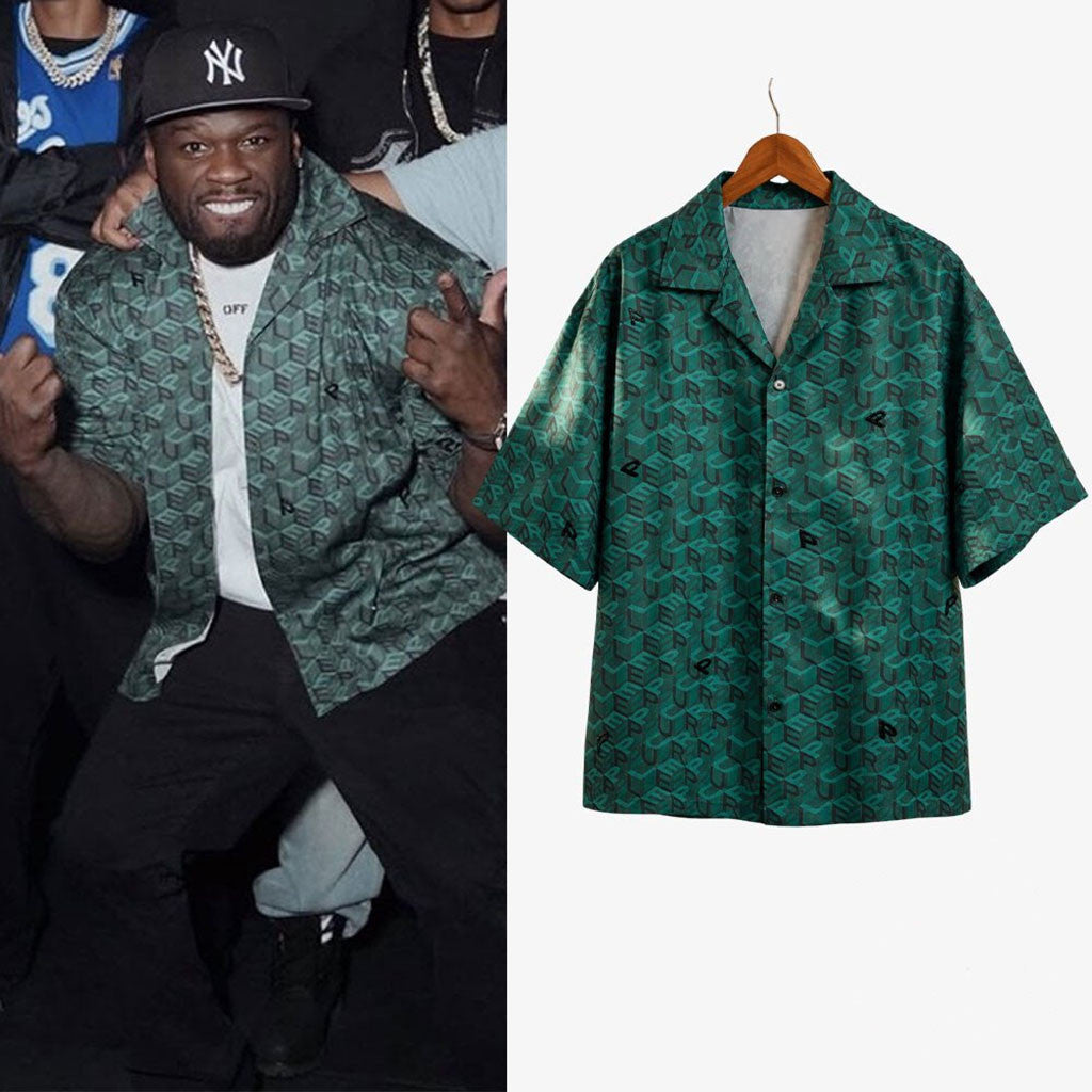 50 Cent At Fightland Premiere Purple Brand Green Monogram Hawaiian Shirt 50 Cent Merch Fan Gift - Merchluma