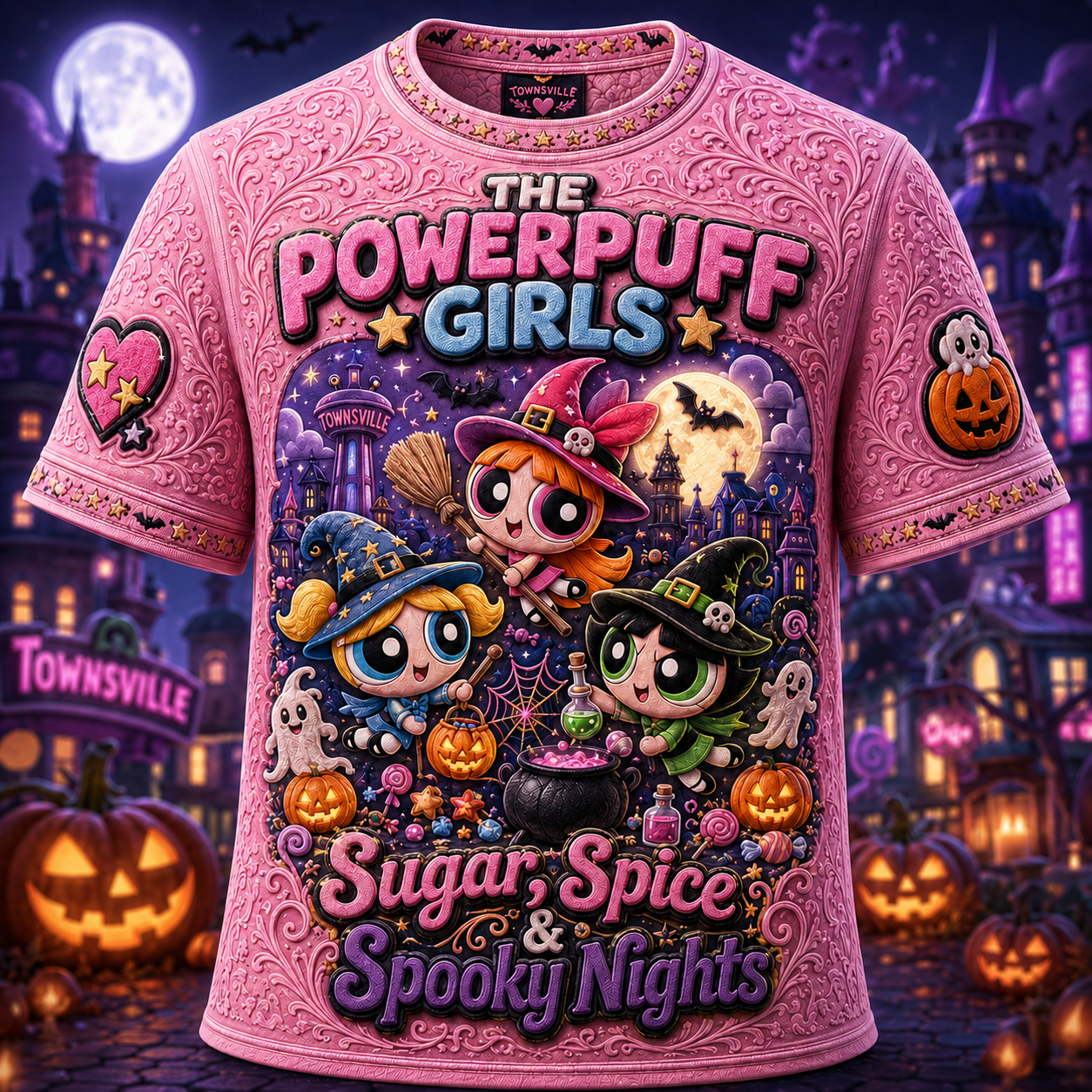 The Powerpuff Girls X Halloween Merch Sugar Spice And Spooky Night T-Shirt Cute Halloween Gifts - Merchluma