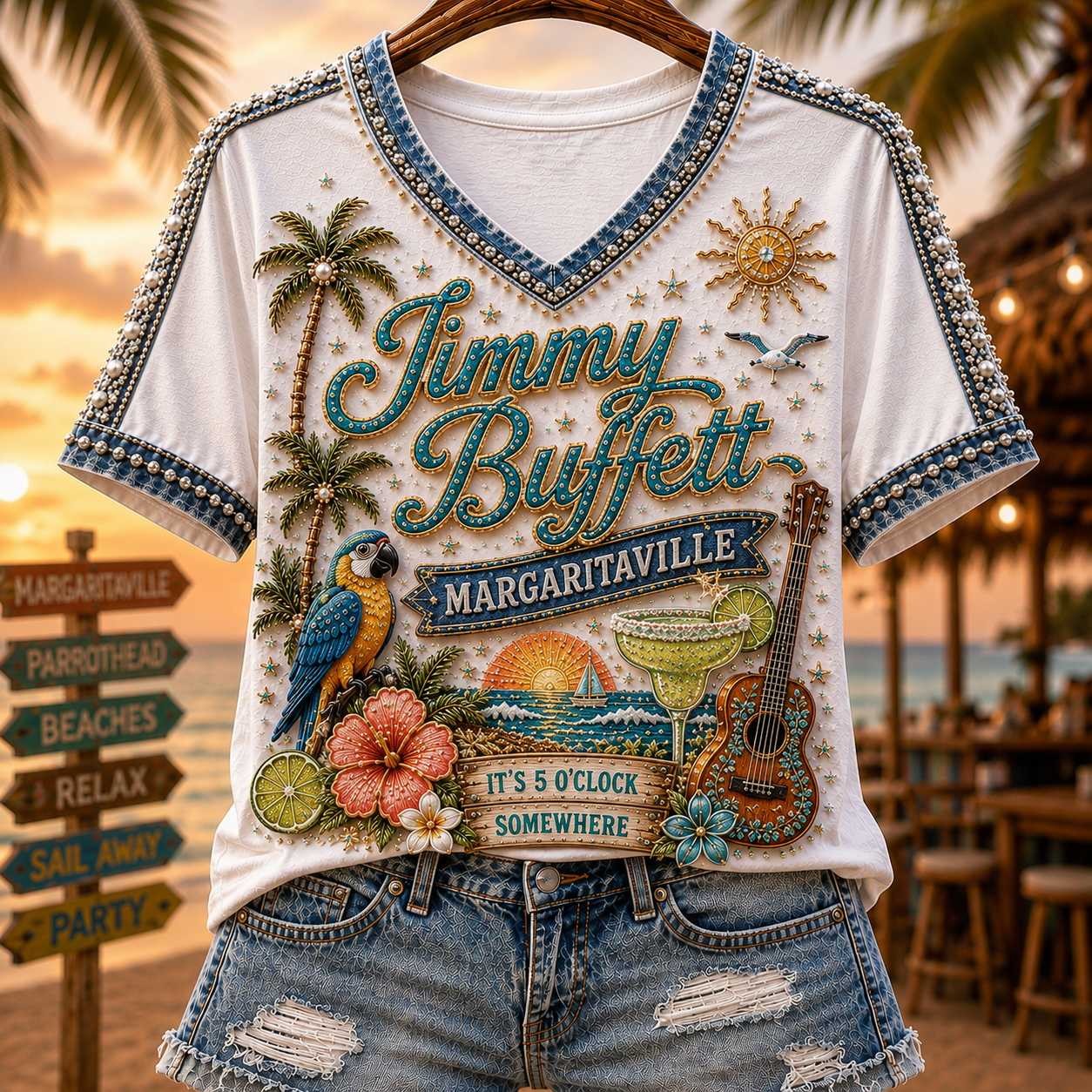 Jimmy Buffett Margaritaville V-Neck Shirt It's 5 O'Clock Somewhere Jimmy Buffett Merch Womens - Merchluma
