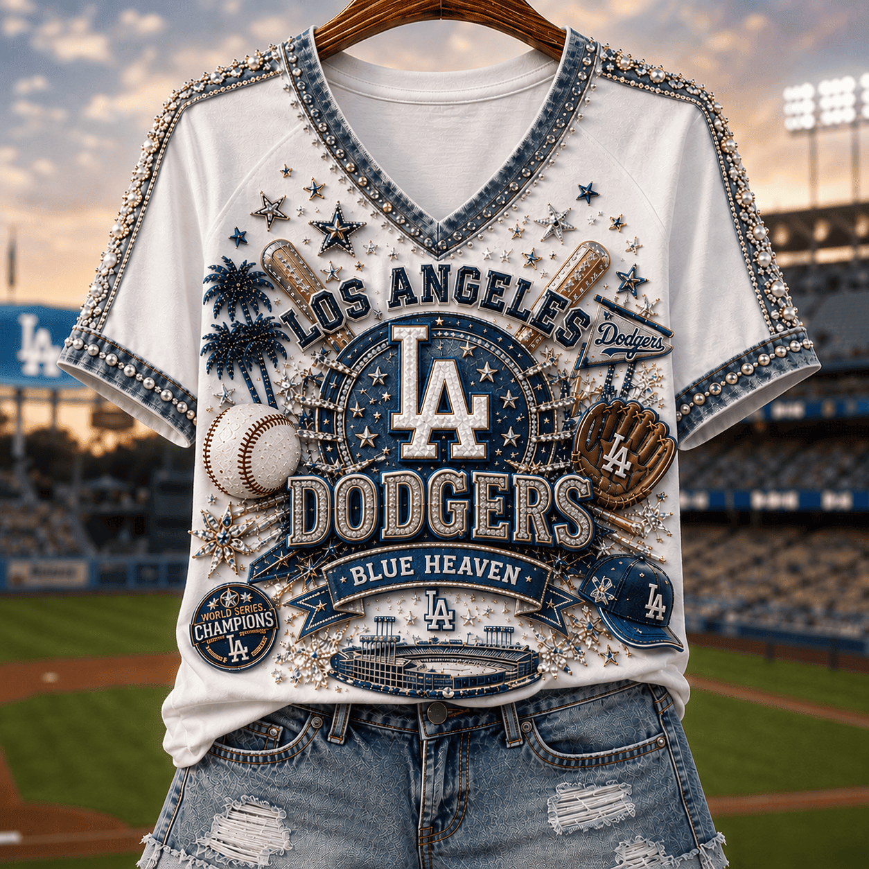Los Angeles Dodgers Merch 2026 Blue Heaven V-Neck Shirt Baseball Fan Apparel Gift For Her - Merchluma