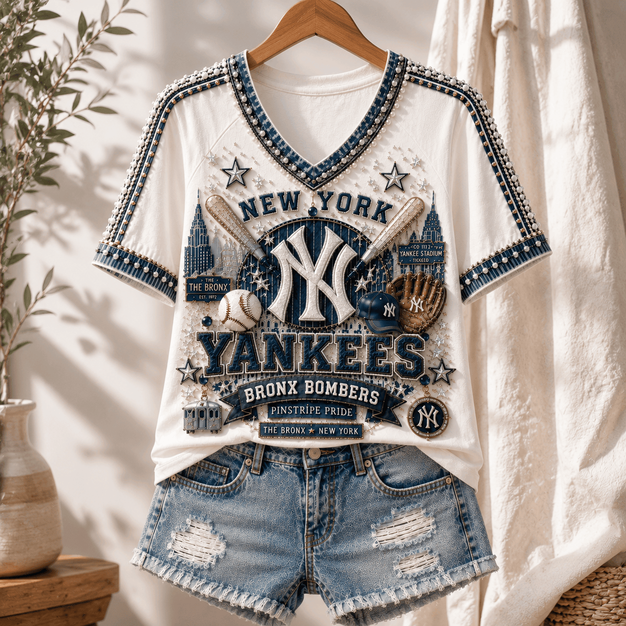 New York Yankees Merch 2026 Bronx Bombers V-Neck Shirt Pinstripe Pride Baseball Fan Apparel - Merchluma