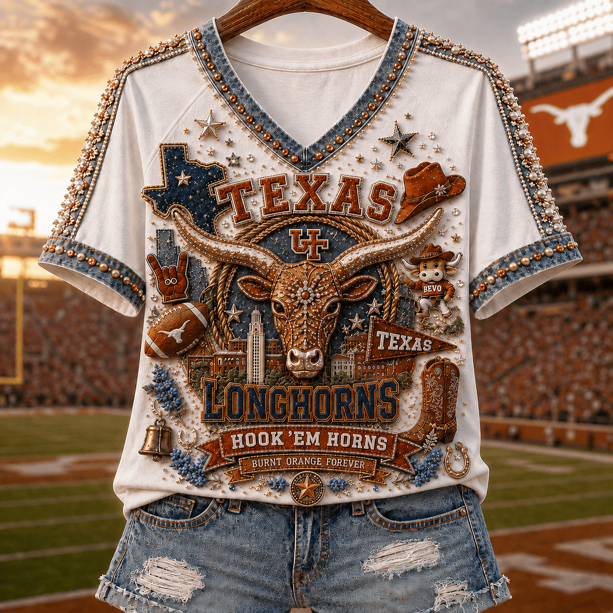 Texas Longhorns Merch 2026 Hook Em Horns V-Neck Shirt Game Day Gear Gift For Football Fans - Merchluma