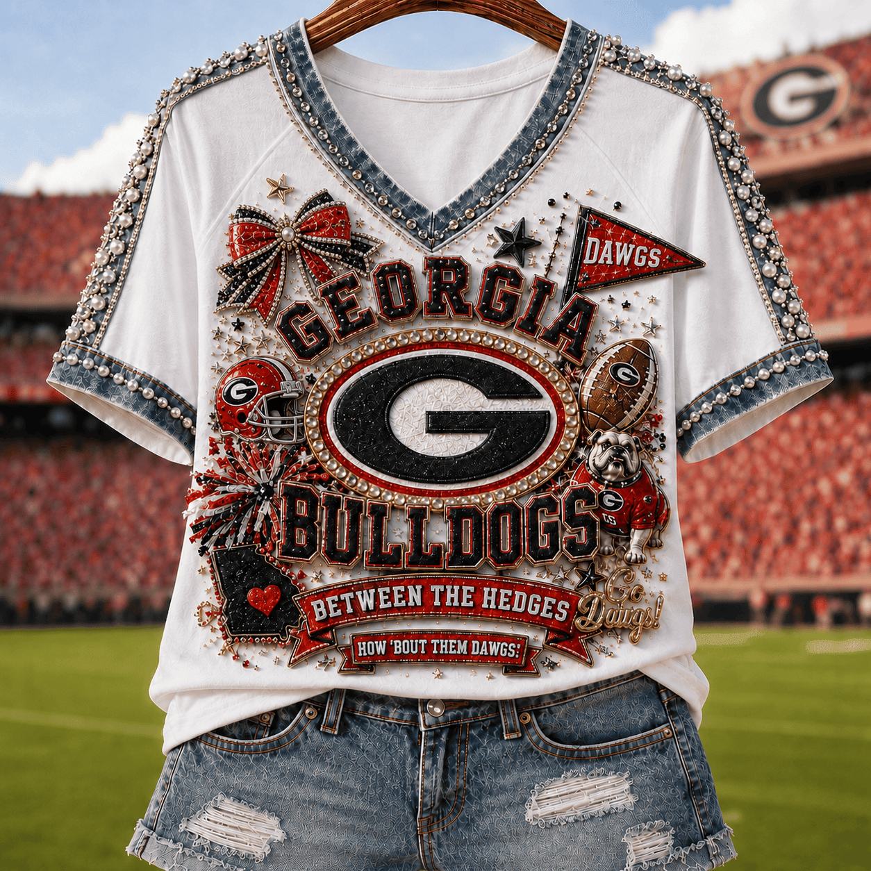 Georgia Bulldogs Merch 2026 Between The Hedges V-Neck Shirt Game Day Gifts For Football Lovers - Merchluma