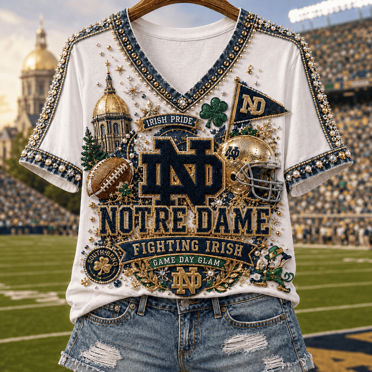 Notre Dame Fighting Irish Merch 2026 Game Day Glam V-Neck Shirt Gift For Football Lovers - Merchluma