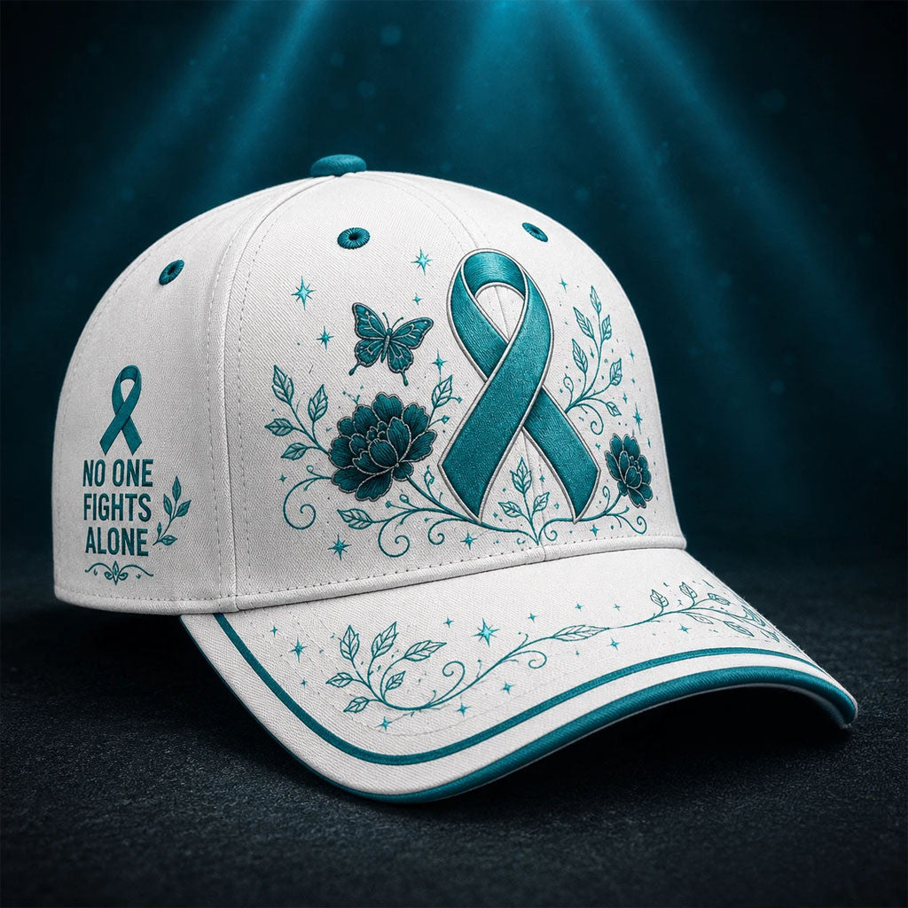 Ovarian Cancer Awareness Teal Ribbon Hat No One Fights Alone Hat Cancer Awareness Gifts - Merchluma