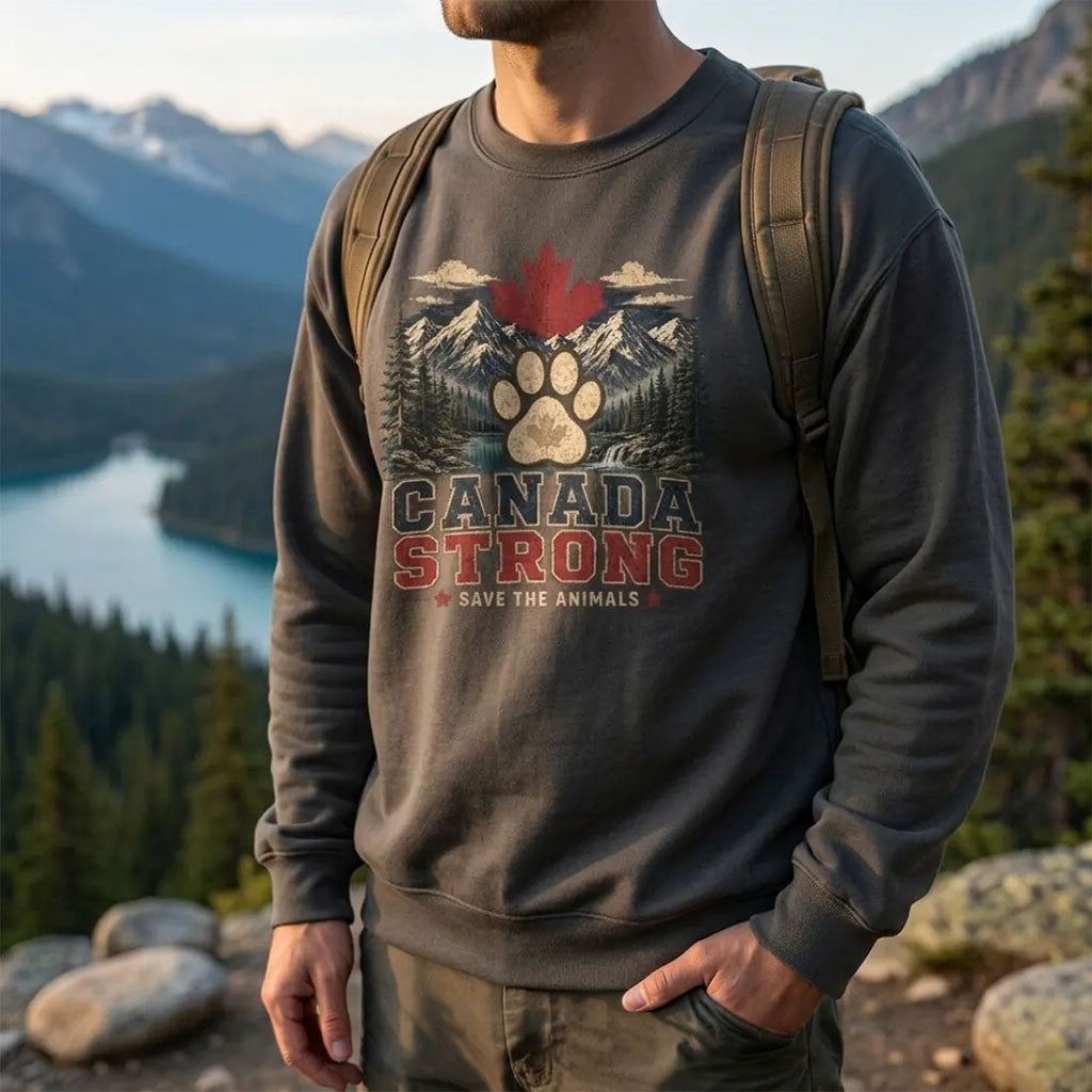 Canada Strong Mountain Paw Sweatshirt Save The Animals Crewneck Canadian Pride Apparel - Merchluma