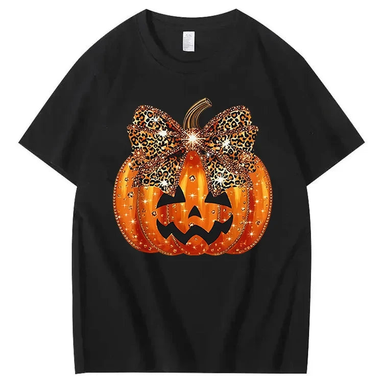Pumpkin Leopard Bow Cute Halloween T-Shirt Halloween Merch Gift For Mystery Fans - Merchluma