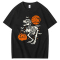 Skeleton Walking Pumpkin Dog Black T-Shirt Halloween Merch Gift For Her Fans - Merchluma