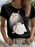 Womens Retro Funny Ghost Kitten Emoji T-Shirt Cat Lover Shirt Gifts For Fans - Merchluma