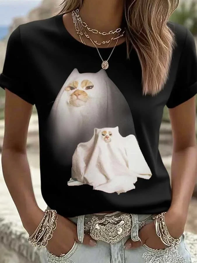 Womens Retro Funny Ghost Kitten Emoji T-Shirt Cat Lover Shirt Gifts For Fans - Merchluma