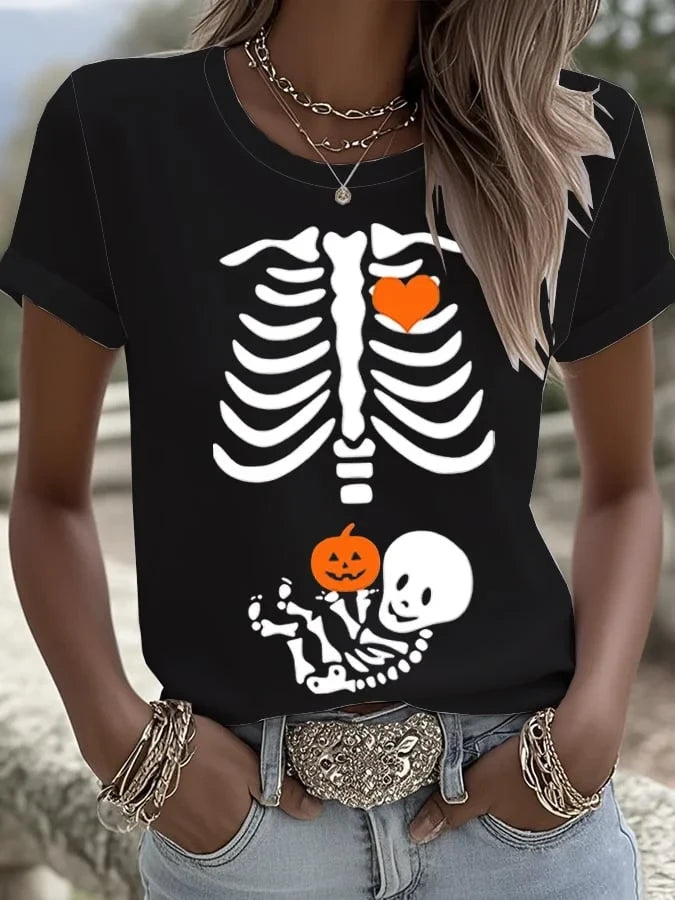 Women's Skeleton Halloween Maternity T-Shirt Halloween Shirts Fan Gift - Merchluma