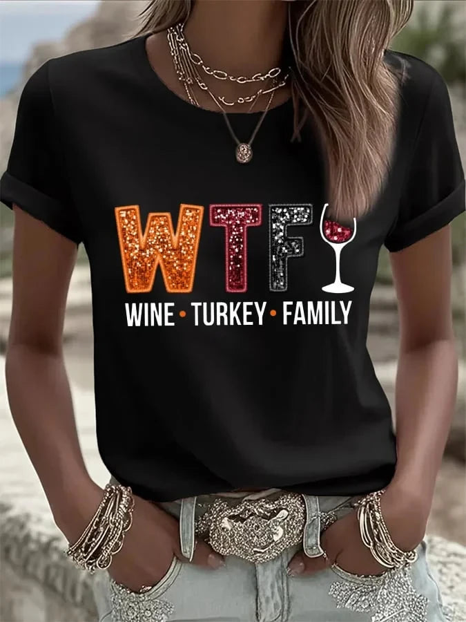 Womens WTF Wine Turkey Family T-Shirt Funniest WTF Shirts Cute Halloween Apparel - Merchluma