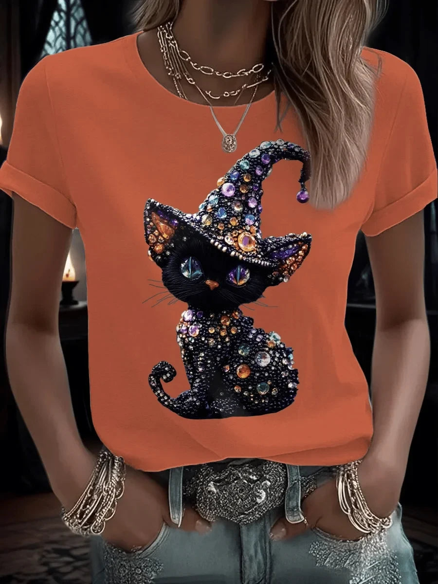 Cute Black Cat Witch Hat T-Shirt Spooky Kitten Women's Tee Halloween Gifts - Merchluma