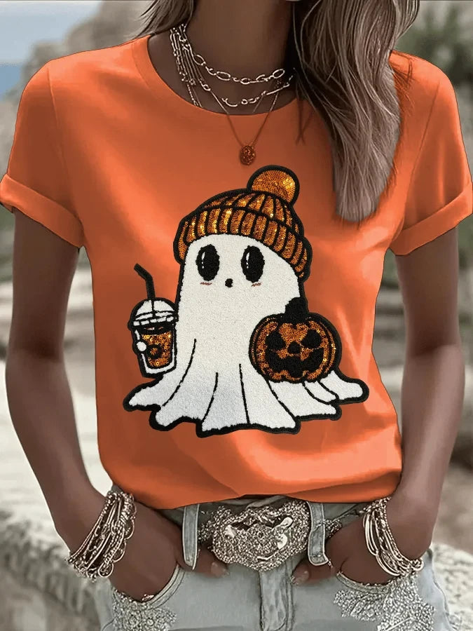 Cute Ghost Drinking Boba T-Shirt Halloween Ghost Womens Tee Gifts - Merchluma