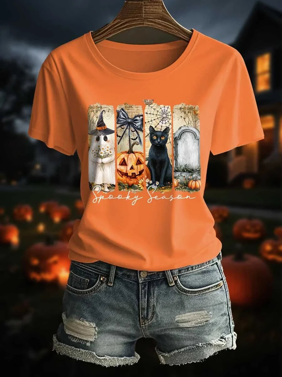 Halloween Ghost Season Merch Black Cat Pumpkin T-Shirt Birthday Gift - Merchluma