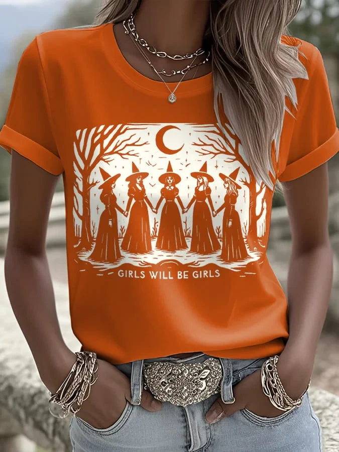 Girls Will Be Girls Witches Crescent Moon T-Shirt Halloween Merch Gift For Her - Merchluma