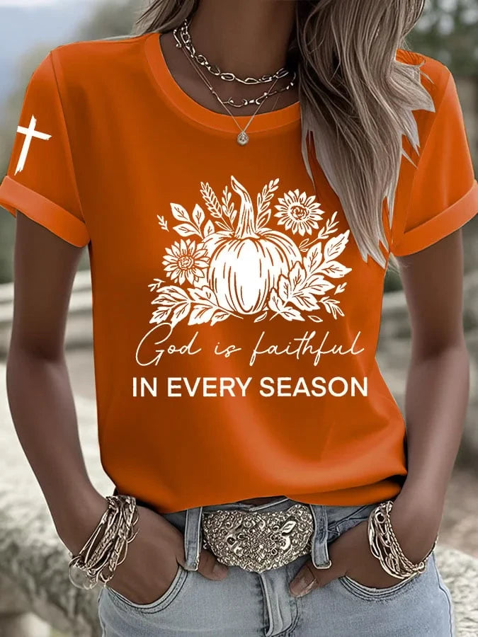 Womens God Is Faithful In Every Season T-Shirt Cute Halloween Shirt Present For Her - Merchluma