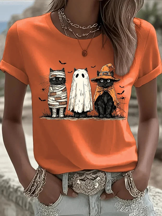Womens Halloween Cat T-Shirt Halloween Merch Gift For Mystery Fans - Merchluma