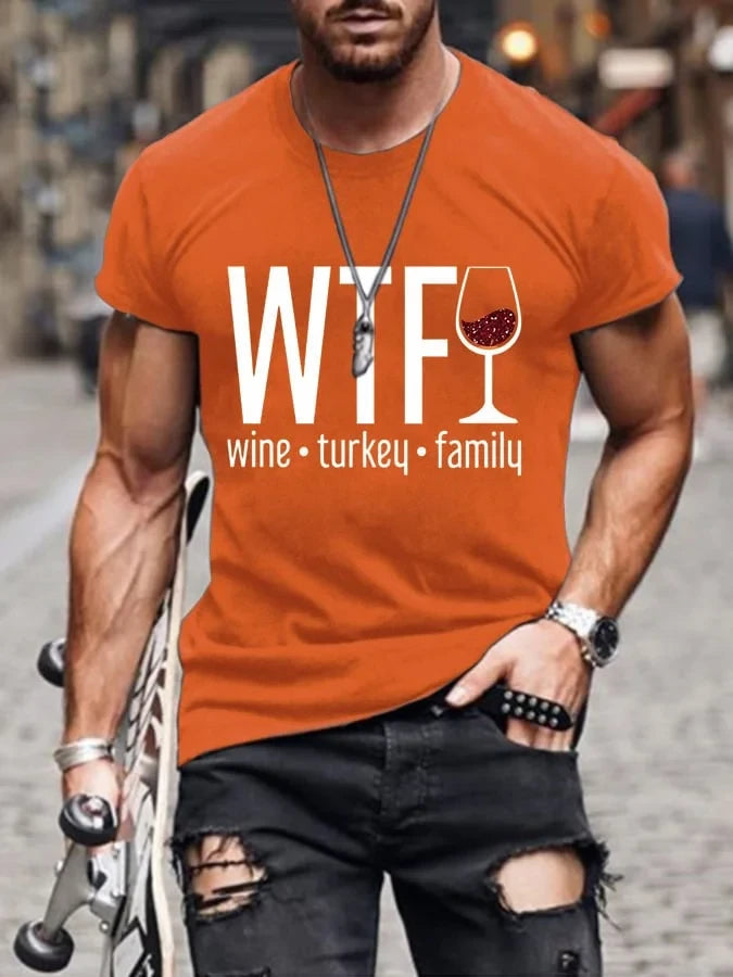 Mens WTF Wine Turkey Family T-Shirt Thanksgiving Merch Gift For Family Fans - Merchluma