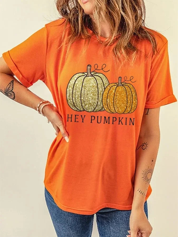Women's Hey Pumpkin T-Shirt Halloween Shirts Funny Gifts For Fans - Merchluma