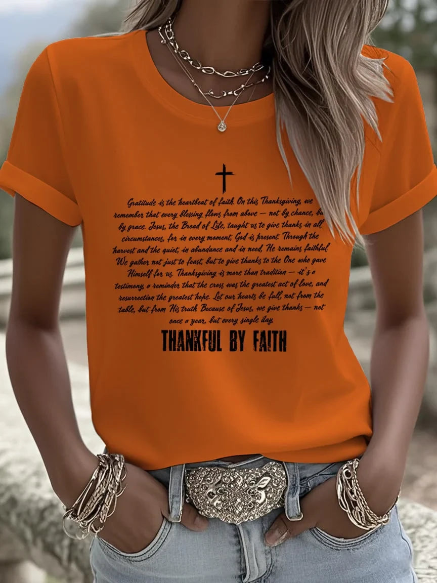 Womens Thankful By Faith T-Shirt Thanksgiving Merch Present Ideas - Merchluma
